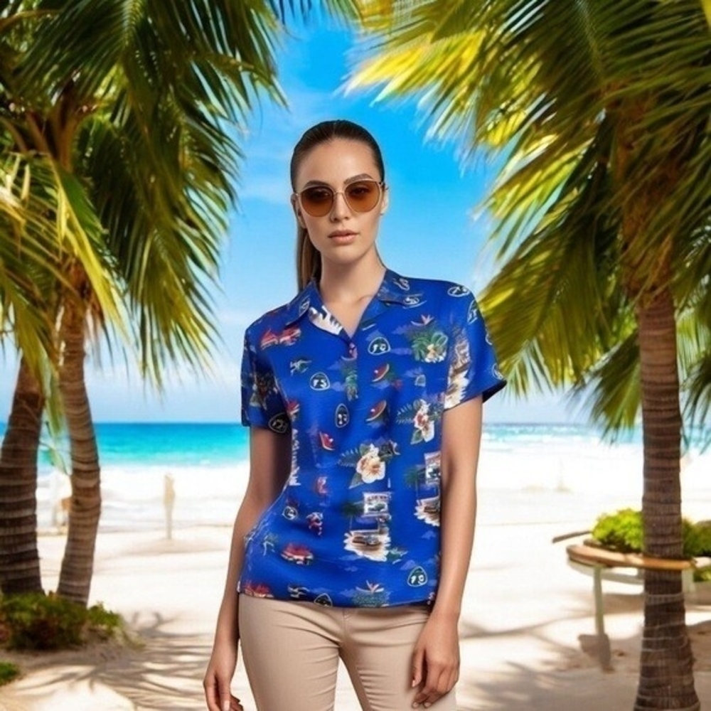 Koz Events Women Blue Hawaiian Print Button Front Shirt M Polyester Short Sleeve